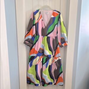 Crosby by Mollie Burch V Neck Colorful Tiered Midi Dress Size Small